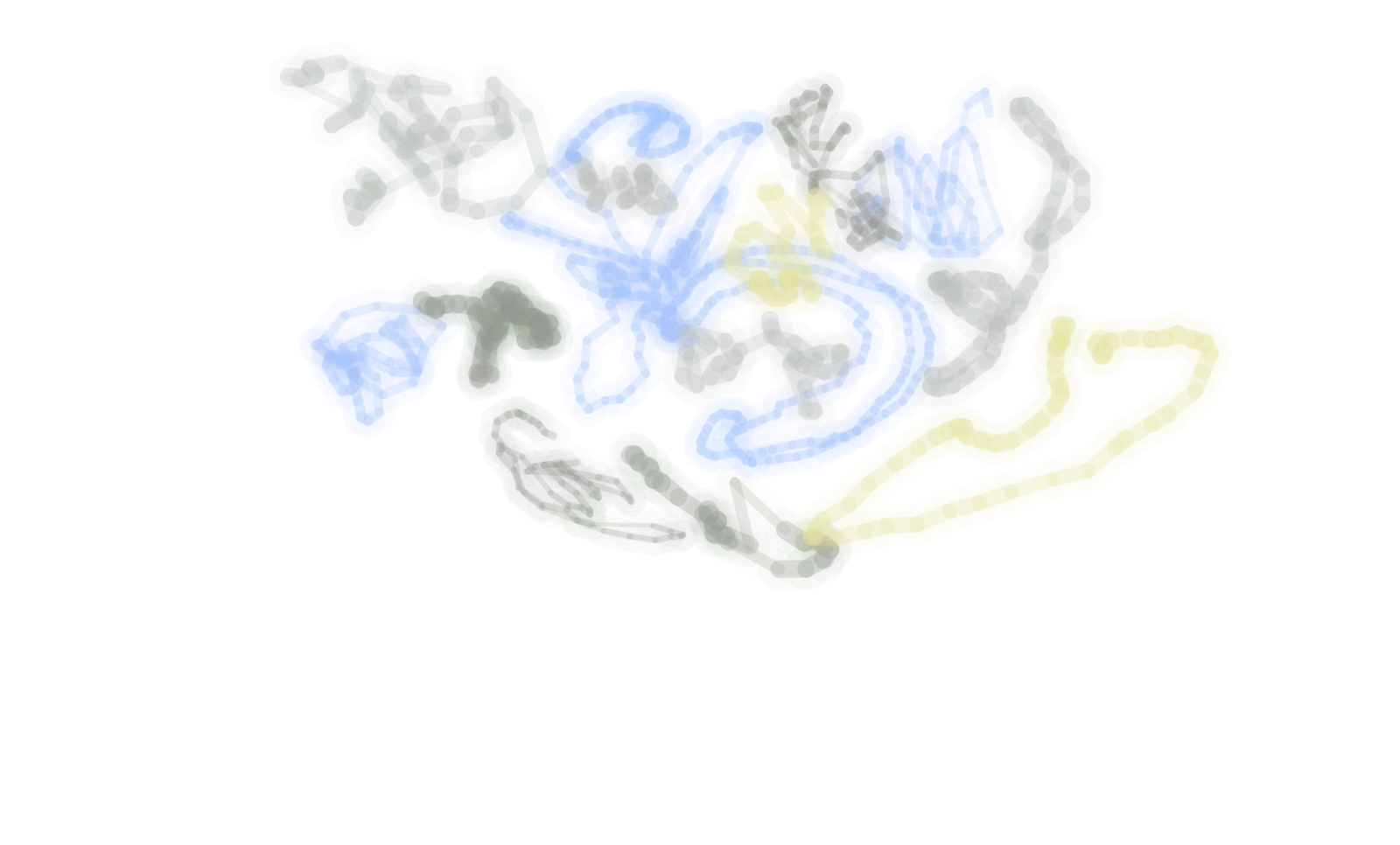 Clarion output, blue and yellow layered strokes on black